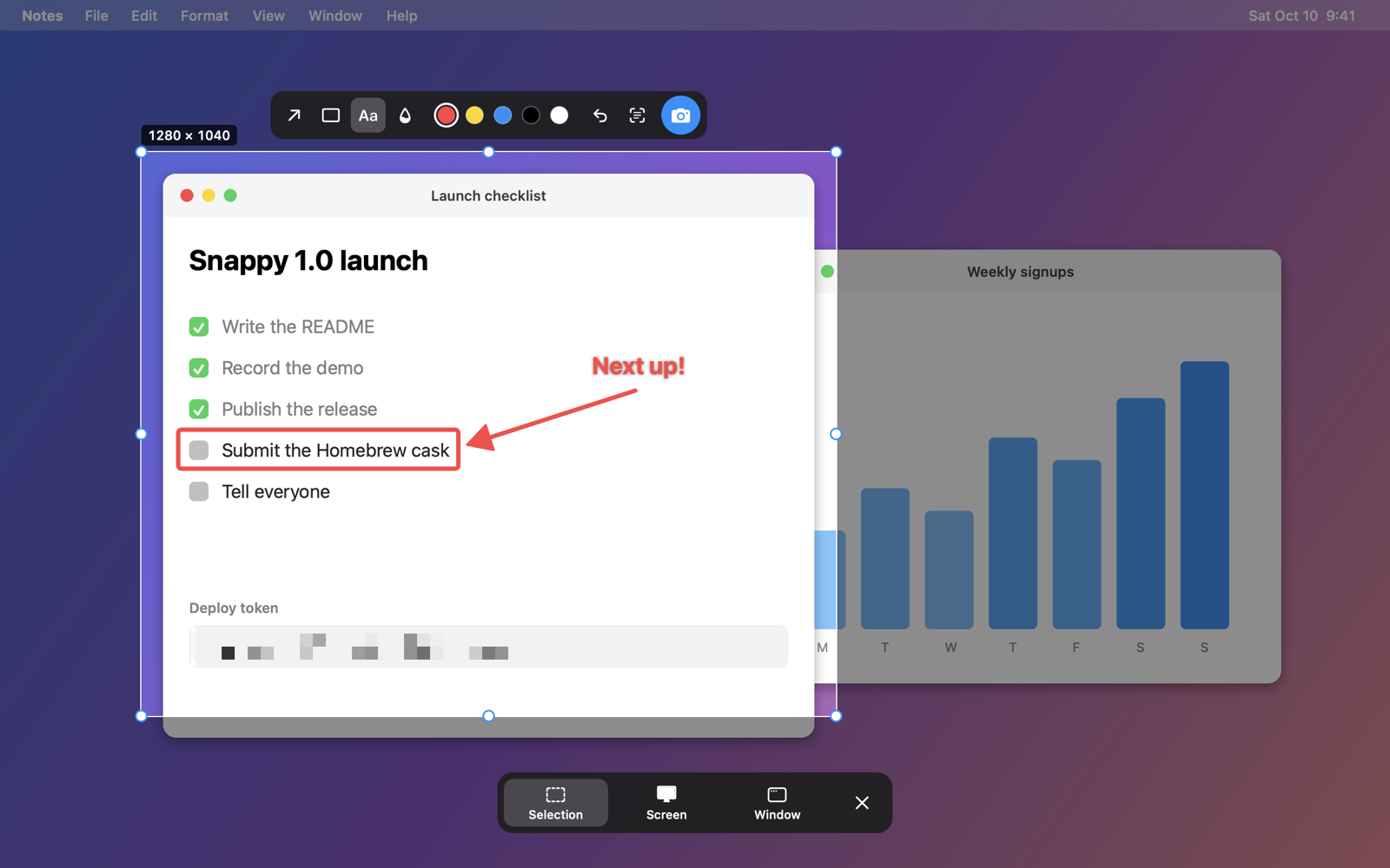 Snappy's overlay on a desktop: a selection marked up with an arrow, a box, text and a blurred token, with the markup bar above and the Selection, Screen and Window toolbar below